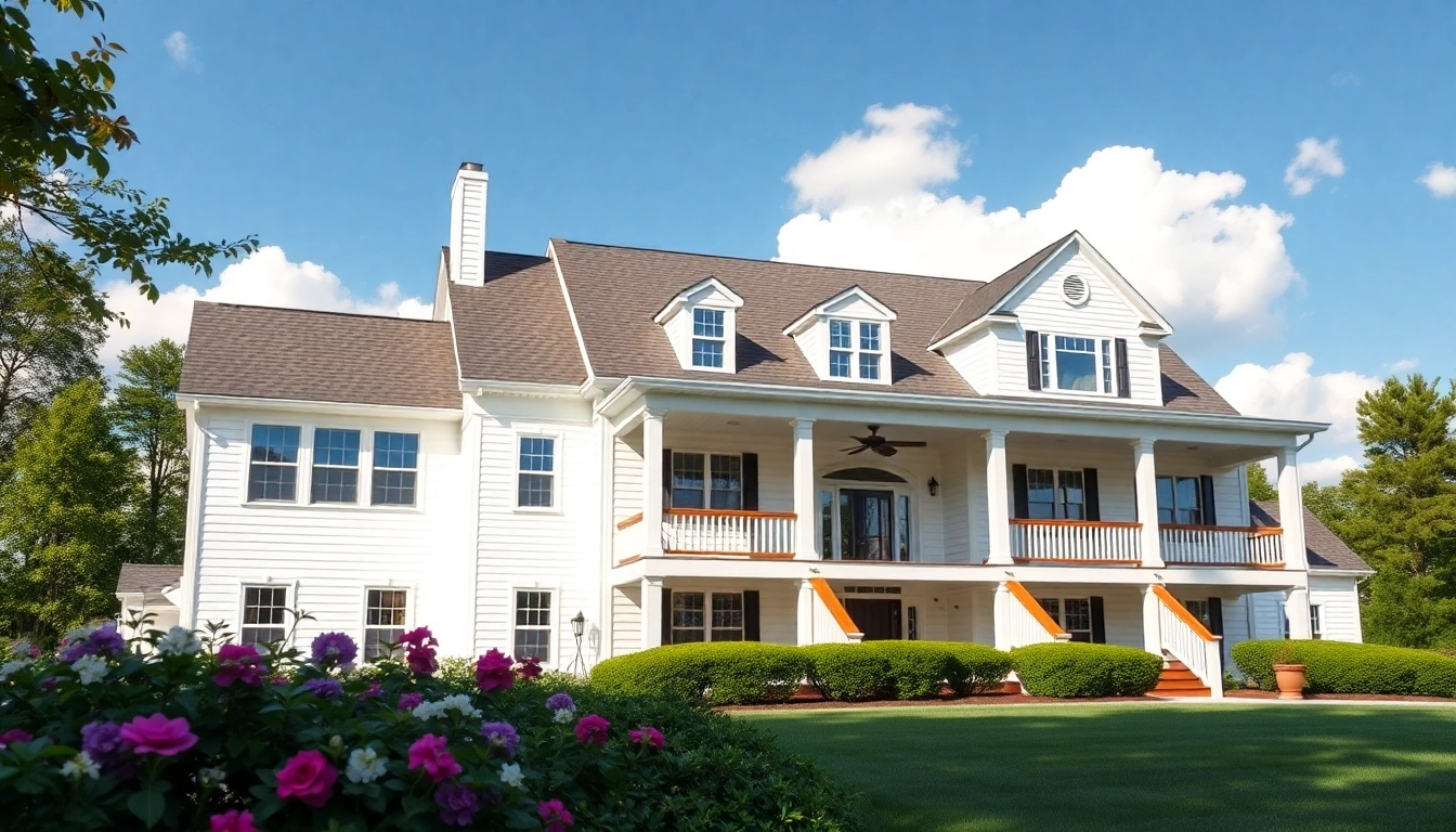 Showcasing a stunning colonial home new build construction with inviting porch and lush landscaping.