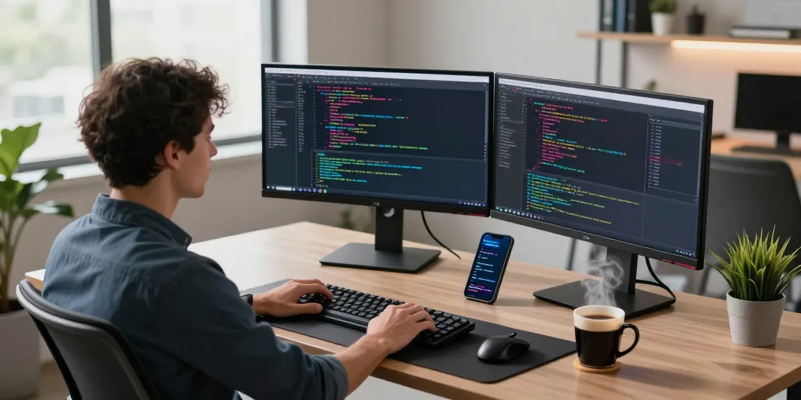 Developer coding in a modern workspace featuring multiple monitors, symbolizing 纸飞机中文版官网.