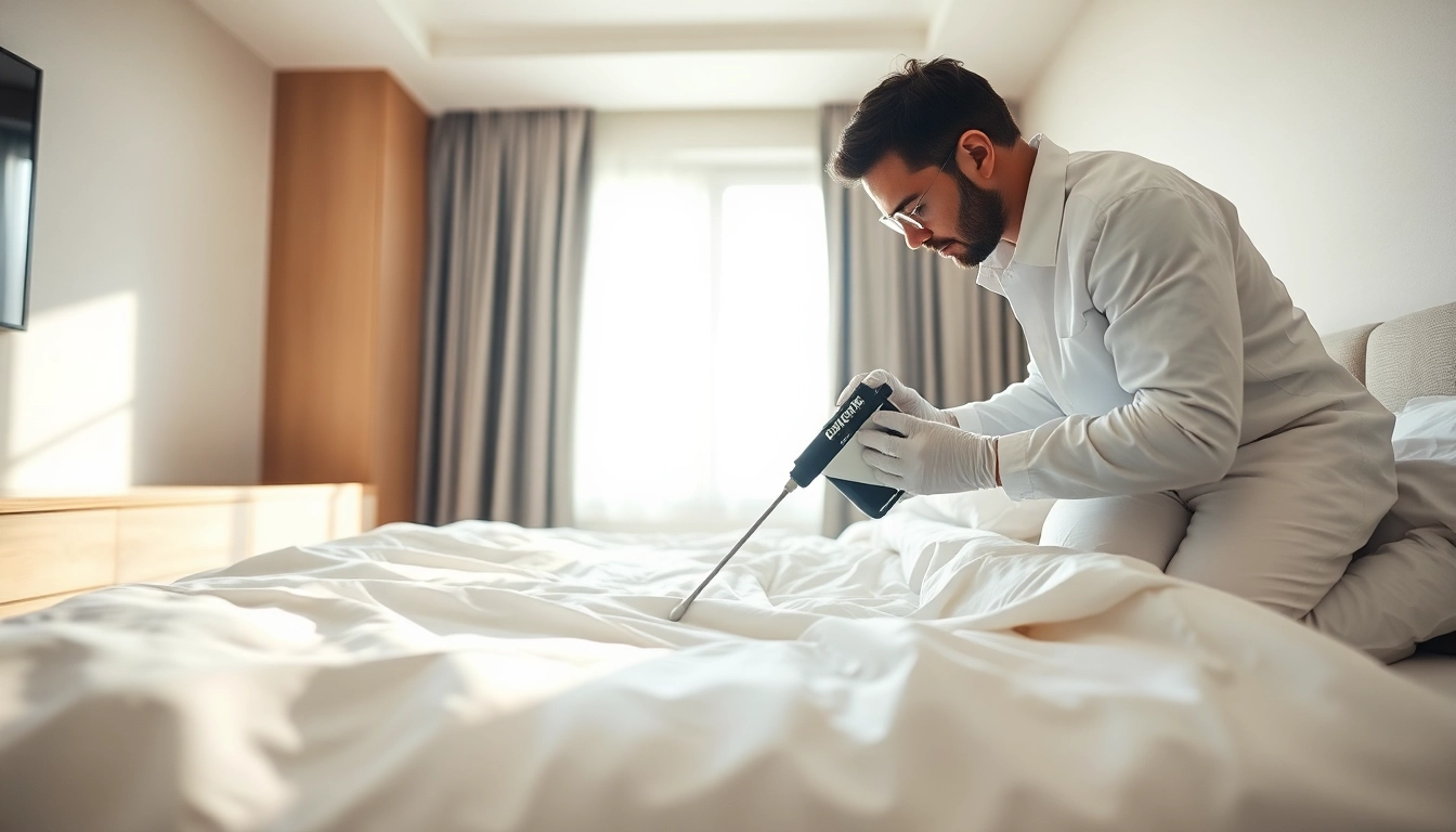 Expert applying bed bug chemical treatment in a clean bedroom setting to ensure effective pest control.