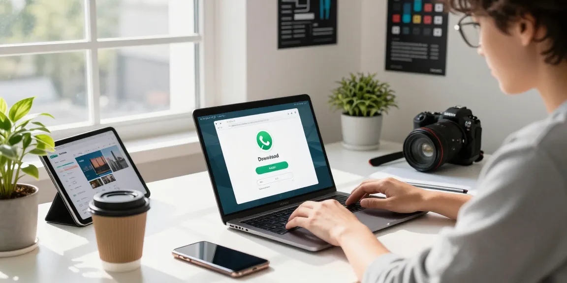 WhatsApp下載 process illustrated in a vibrant tech workspace, featuring laptop and smartphone.
