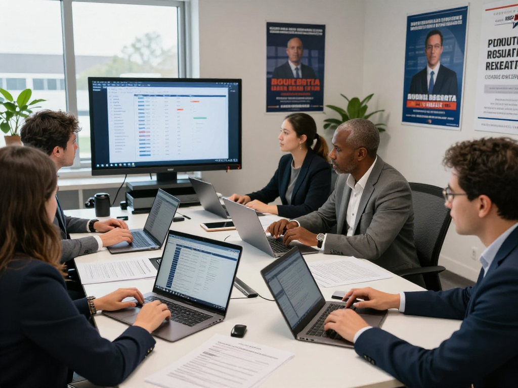 Team strategizing political opposition research services in a modern office setting with data visualizations.