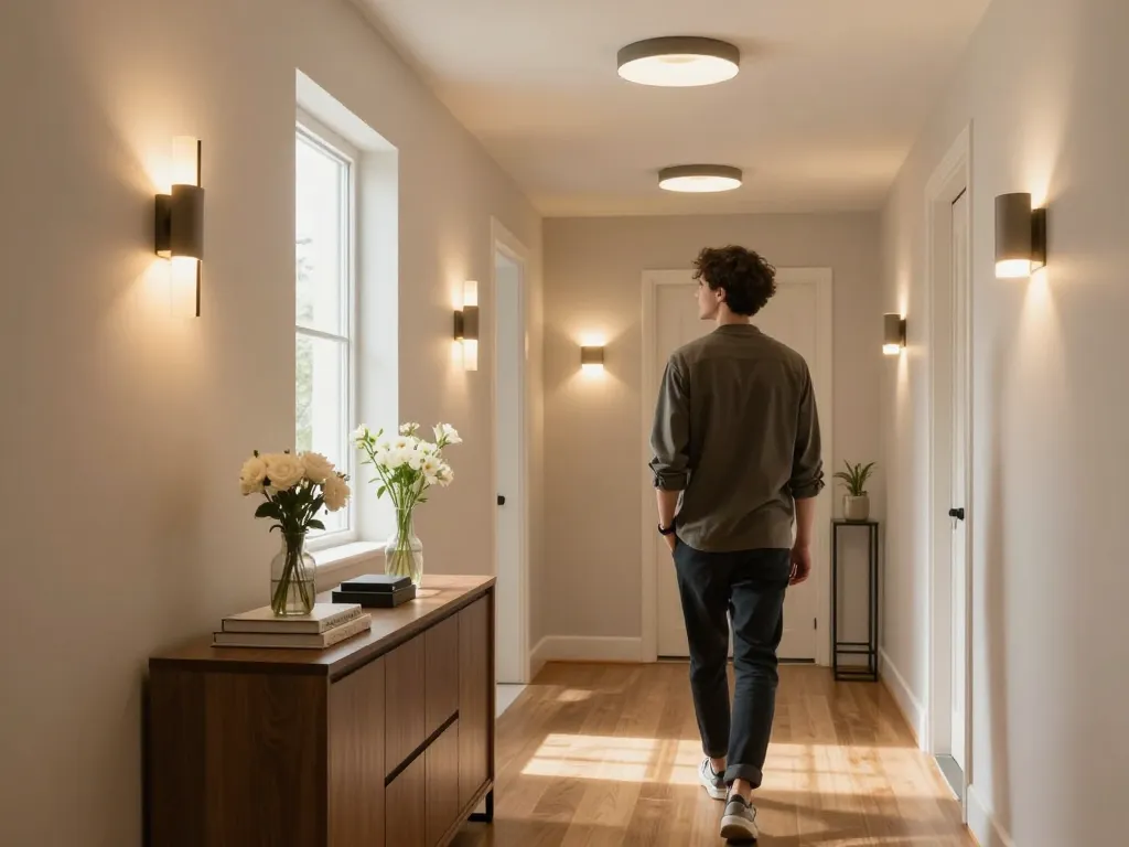 Elegant hallway light fixtures illuminating a stylish home corridor.