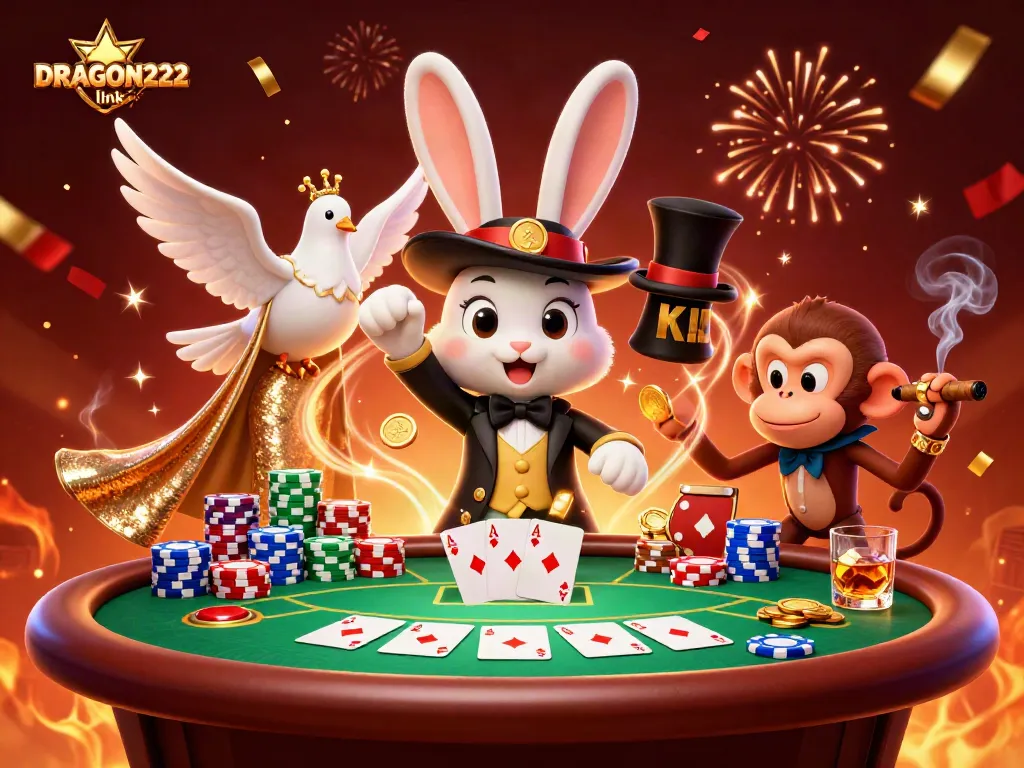 Spin to win at DRAGON222 link with a magician, dove, and monkey amidst vibrant poker action.