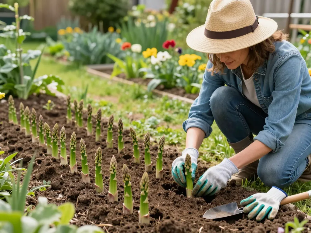 Aspergeklauwen kopen as a gardener plants fresh asparagus crowns in a sunny home garden.