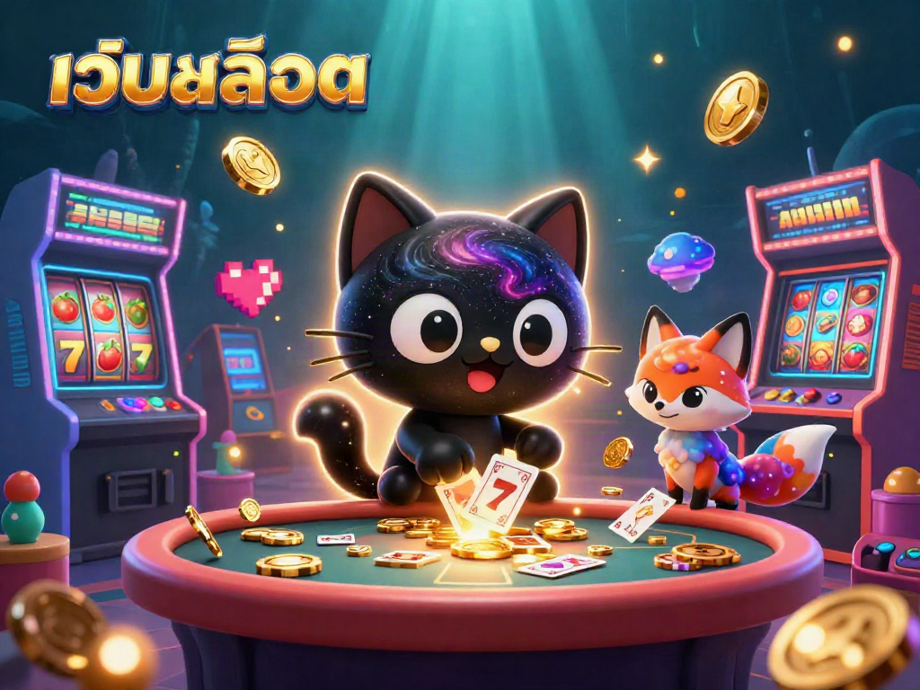 Experience เว็บสล็อต excitement with a cosmic casino scene featuring vibrant characters and jackpot elements.