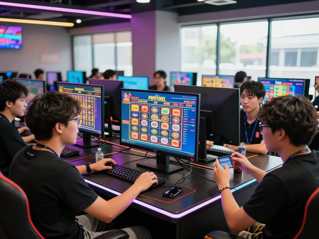 Players enjoying popotogel in a lively gaming lounge, showcasing excitement and strategy.