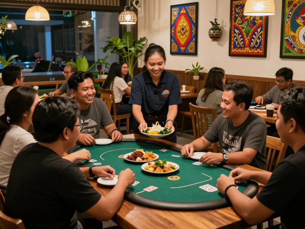 Excited customers enjoying Indonesian cuisine at Pokerseri restaurant.