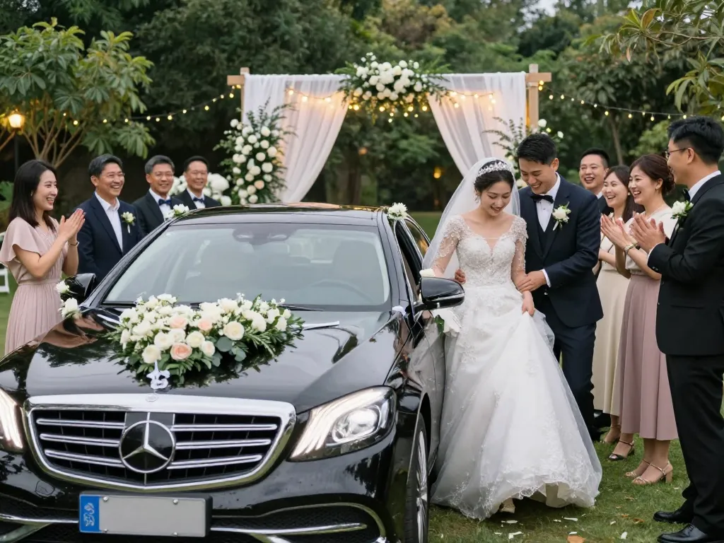 Thuê một chiếc Mercedes sang trọng cho đám cưới của bạn với trang trí hoa tinh tế trong một khung cảnh lãng mạn ngoài trời.