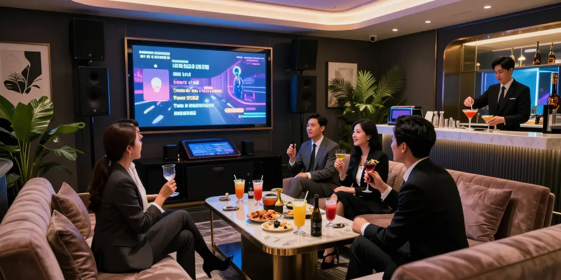 강남의 고급 가라오케 정찰제 시스템을 설명하는 프라이빗 룸의 세련된 분위기