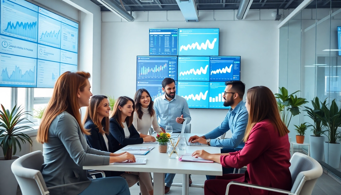 Social media agency team collaborating in a modern workspace with digital analytics displays.