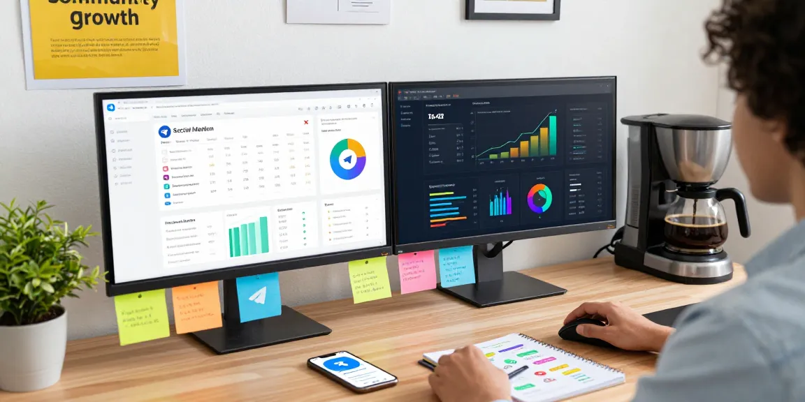 Engaging workspace showcasing the use of Cheap Telegram member packages with vibrant analytics on monitors and digital marketing tools.