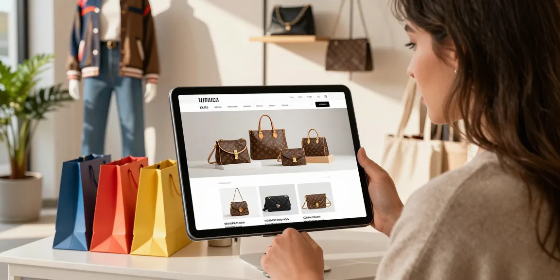 Shopper exploring high-quality 레플리카 사이트 on a tablet in urban boutique.