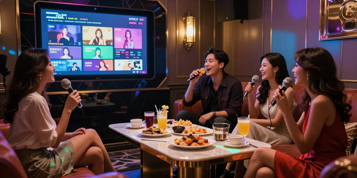 www.gugudanlounge.com/에서 고급스러운 프리미엄 노래방을 즐기는 고객들 모습, 화려한 조명과 음료가 담긴 테이블.