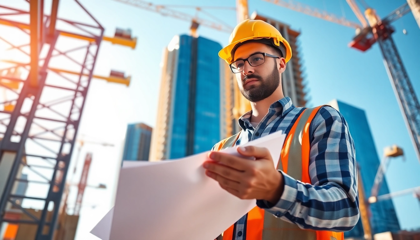 New York General Contractor supervising a construction site with a bustling atmosphere.