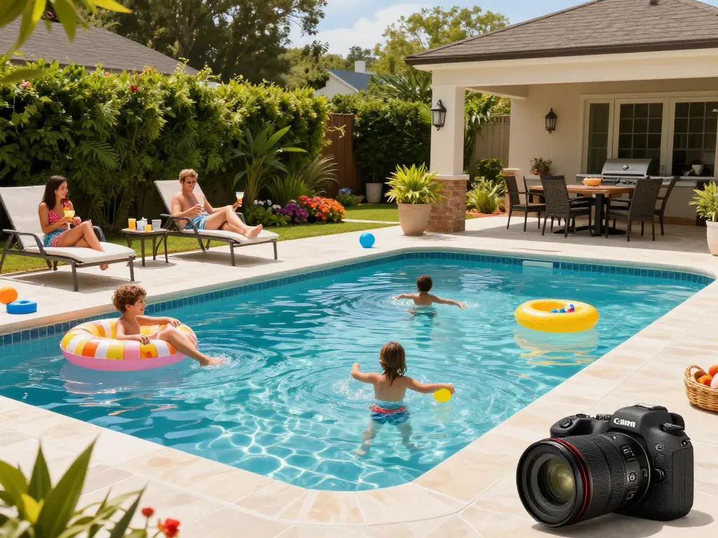 Dolphin Pool Services family enjoying a pristine pool with vibrant summer atmosphere.