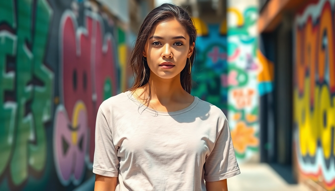 Showcase a drop shoulder t shirt worn by a model amidst vibrant street art.