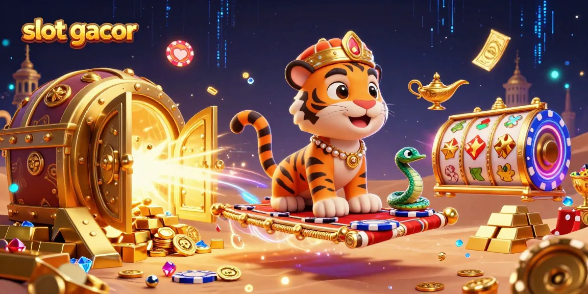 Spin slot gacor reels alongside a magical tiger sultan in a treasure-filled scene.