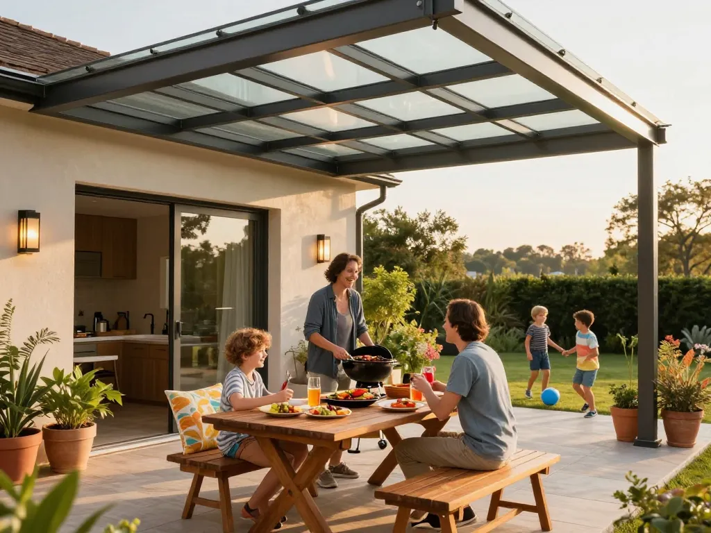 Stylische Terrasse mit Terrassenüberdachung, Familie genießt ein Barbecue unter einem modernen Glasdach in einer warmen, einladenden Umgebung.
