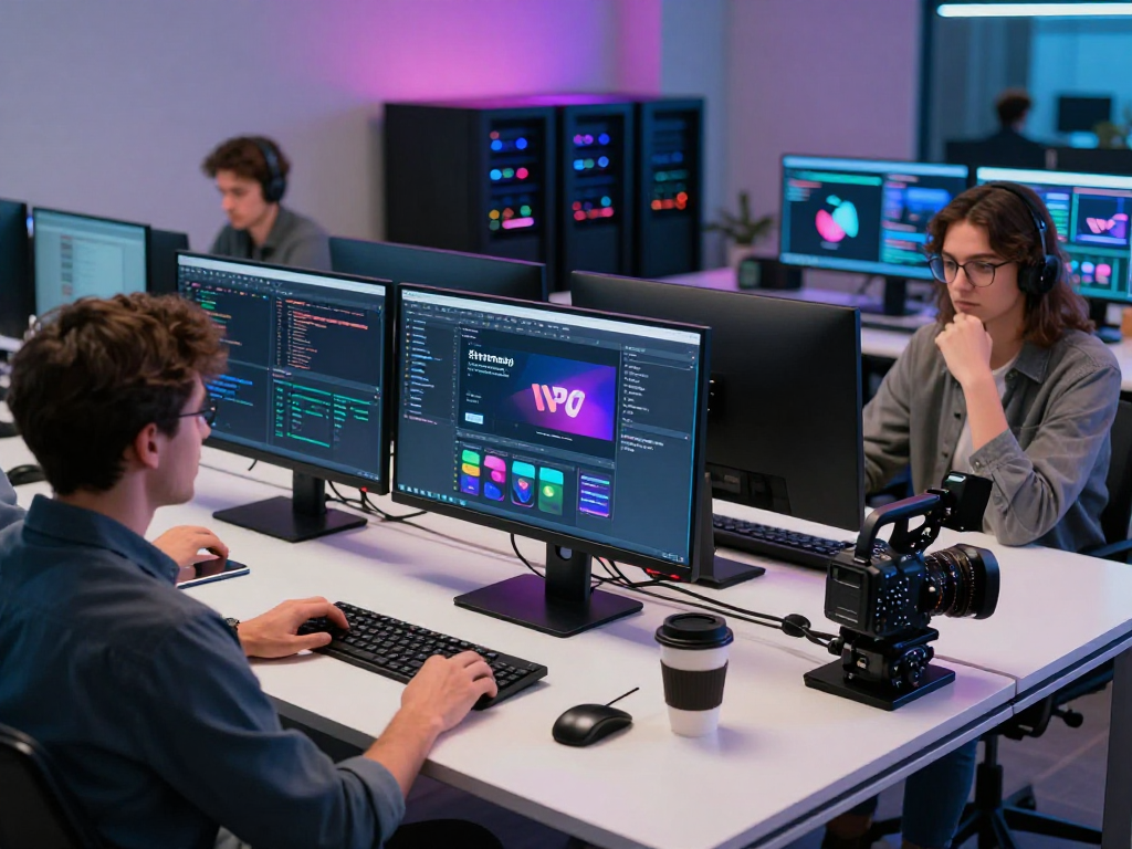 United Kingdom IPTV solutions showcased in a tech-savvy workspace with AI technology and cloud computing elements.