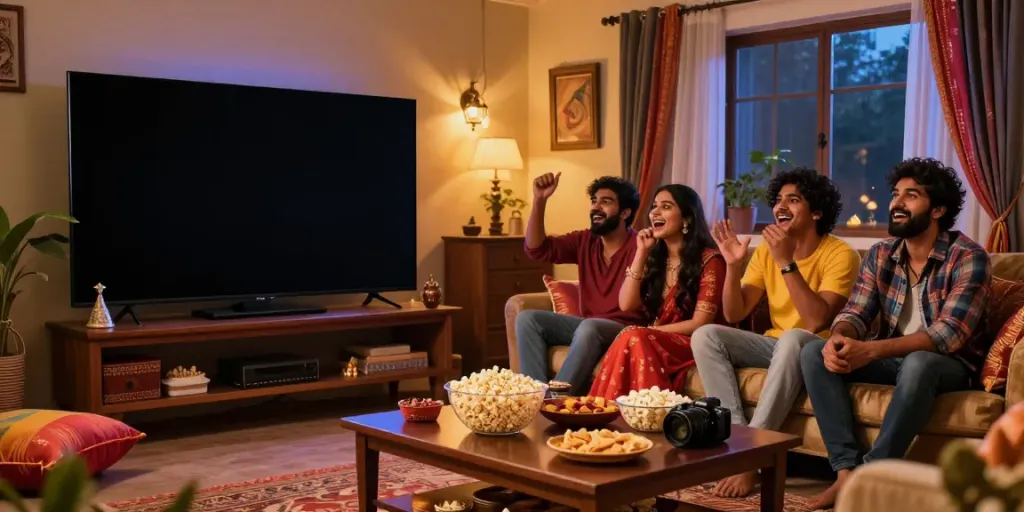 Friends enjoying uncutmasti Indian web series in a cozy living room