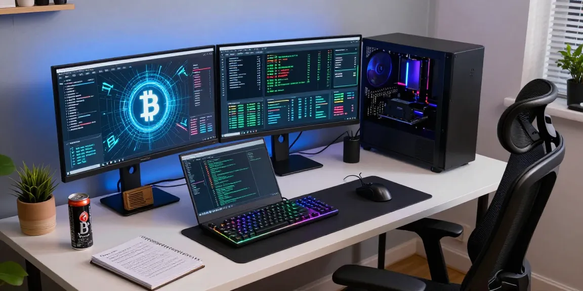 Bitcoin mining setup in a modern home office with dual monitors showcasing blockchain analytics and mining operations, emphasizing security and technology.
