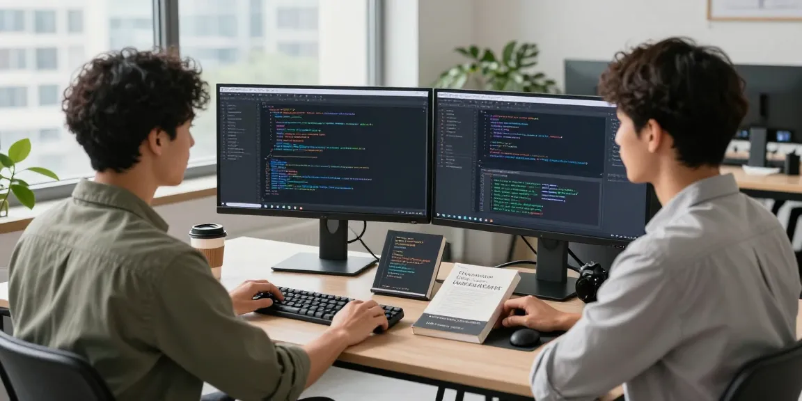 Professional workspace depicting a developer debugging code, showcasing 纸飞机下载 applications, with multiple monitors and natural light.