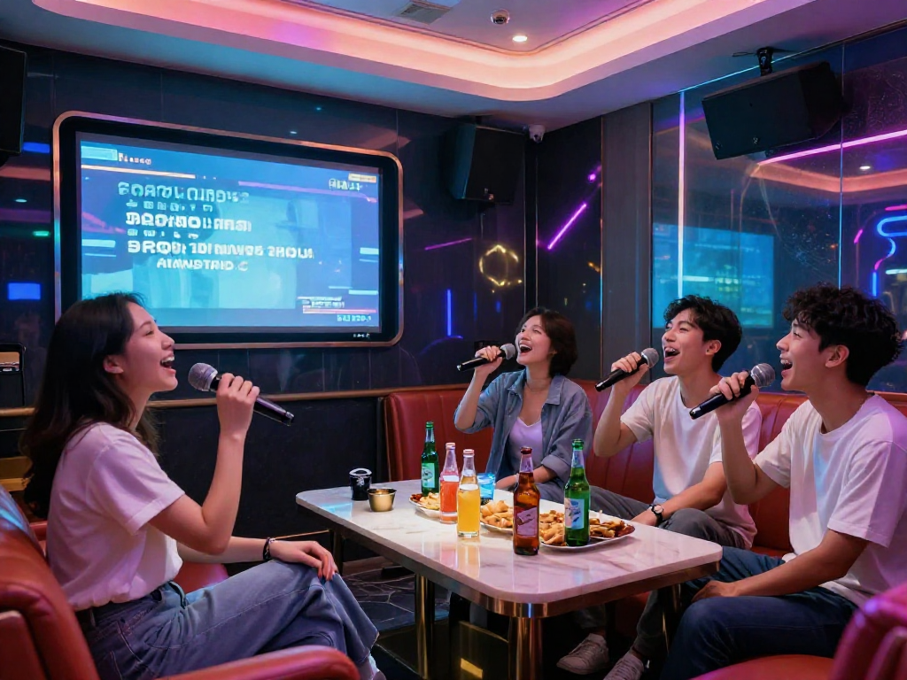 도파민 가라오케에서 친구들과 함께 즐거운 시간을 보내는 장면, 화려한 조명과 편안한 좌석이 있는 고급스러운 룸 배경