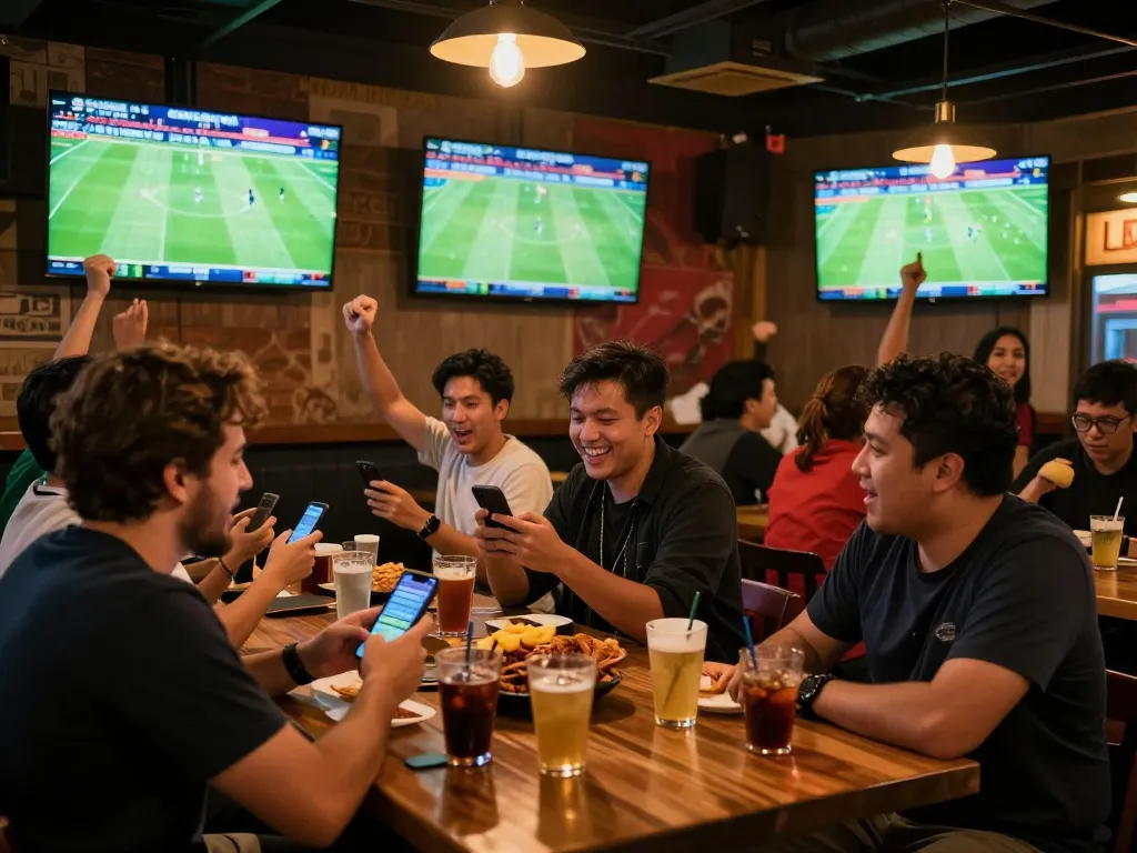 Fans cheering while placing bets on bóng đá lu in a lively sports bar setting.