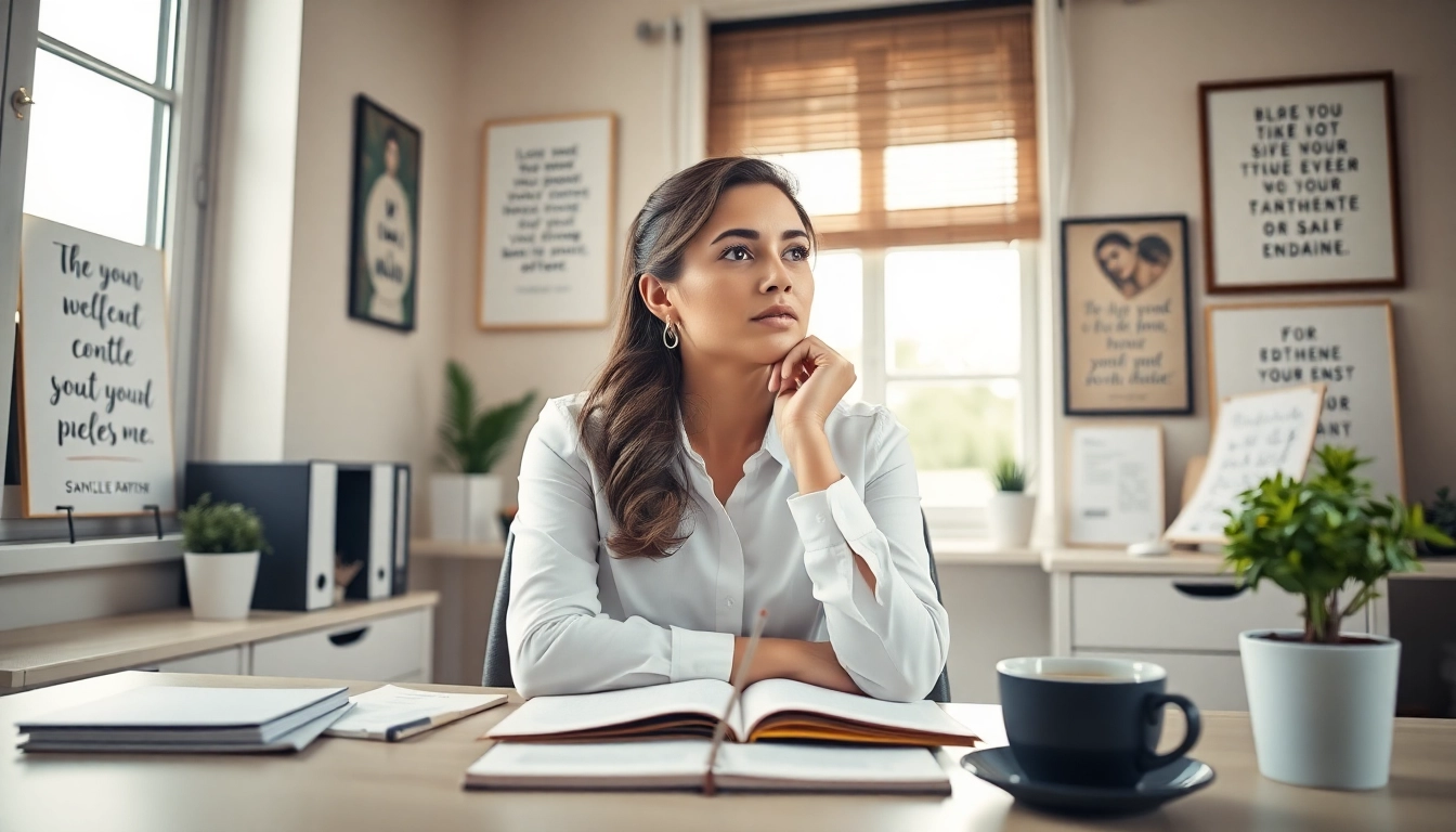 Find my true calling in a serene office setting with a woman contemplating her career.