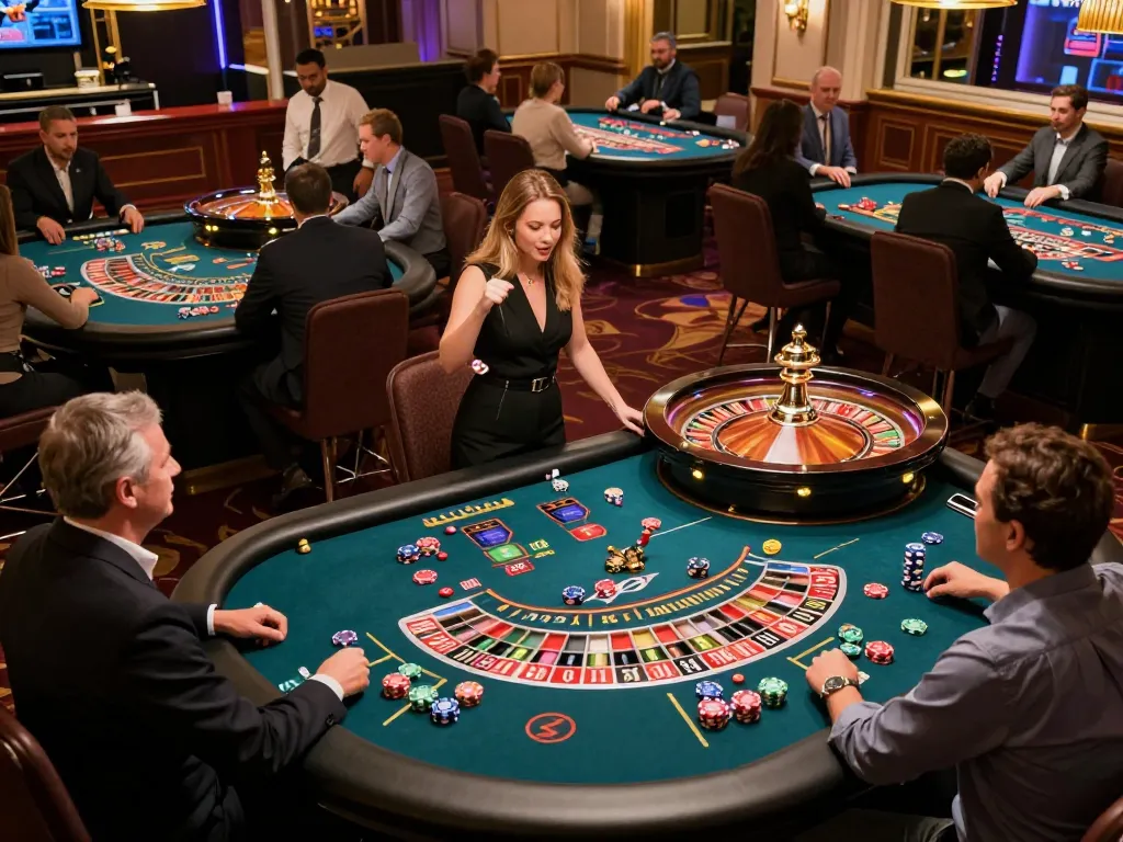 Naga303 players engaged in roulette action, live gaming excitement on a bustling casino floor.