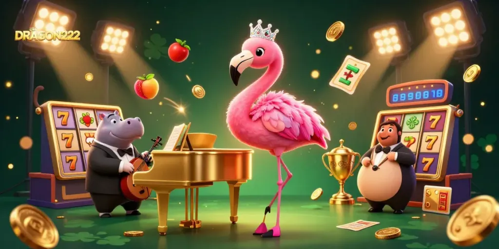 Experience the excitement at situs DRAGON222 with vibrant slot action and colorful characters in a dynamic casino scene.