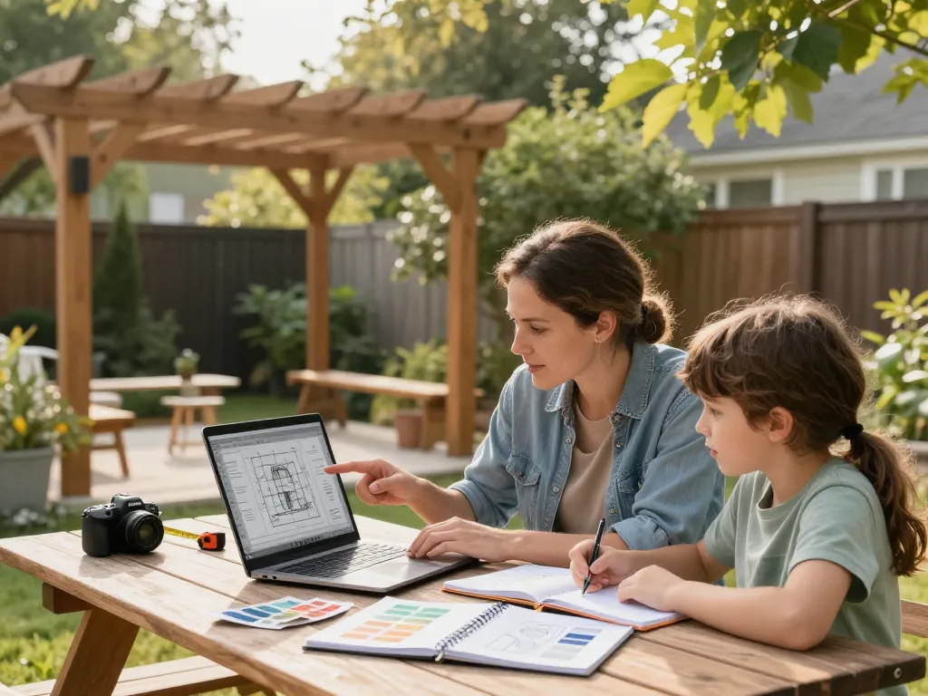 Family using a pergola 3D planner to design their backyard pergola with laptop and tools.