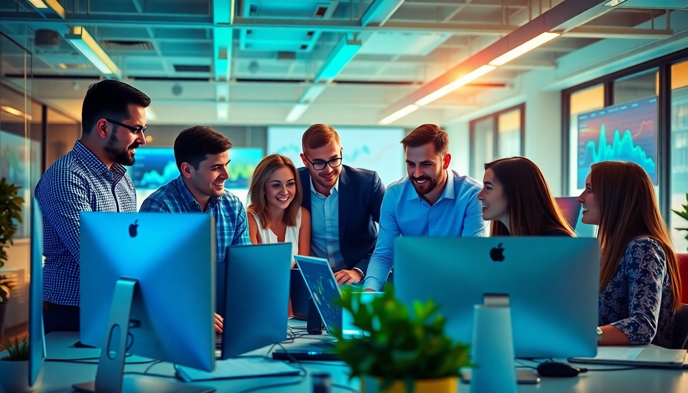 SEO Agency Clearwater team collaborating on innovative strategies in a dynamic office setting.