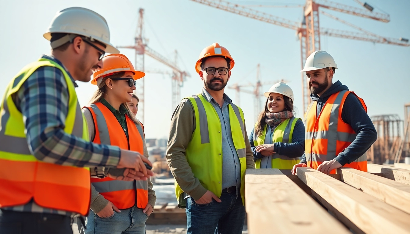 Workers in a construction association collaborating on-site with safety gear.