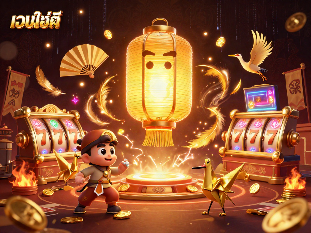 Experience เว็บไซต์สล็อต excitement with spinning reels and golden tokens in a vibrant casino illustration.
