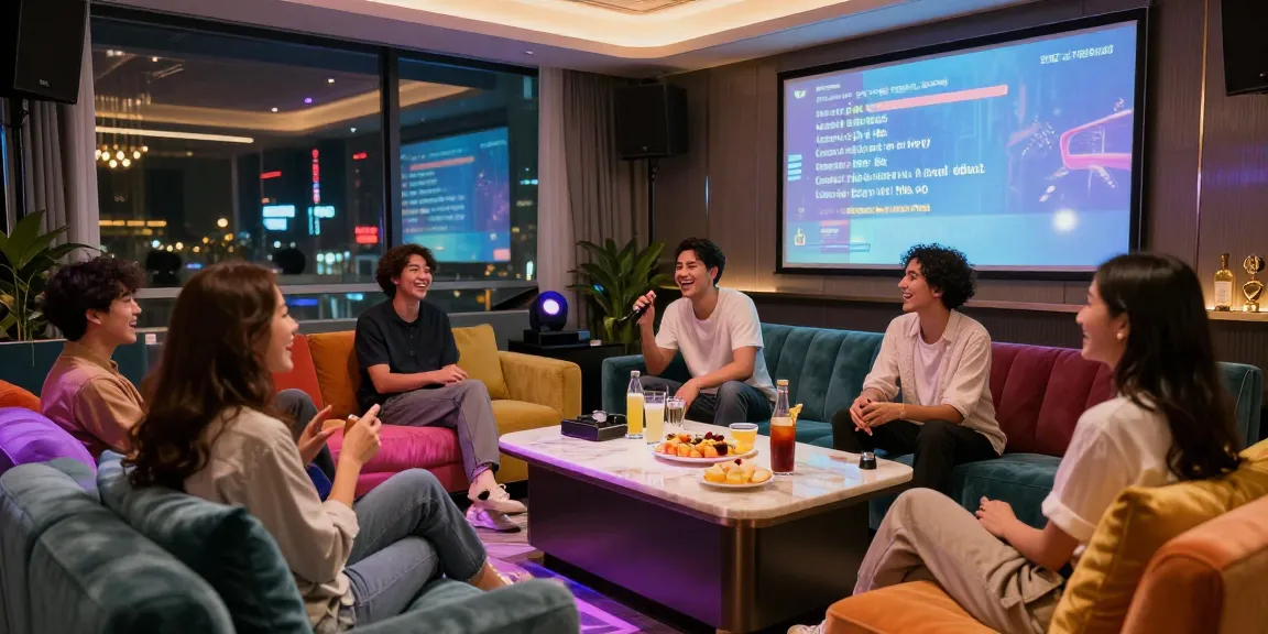 강남구구단에서 즐거운 시간 보내는 친구들, 모던한 카라오케 라운지의 화려한 조명과 편안한 분위기