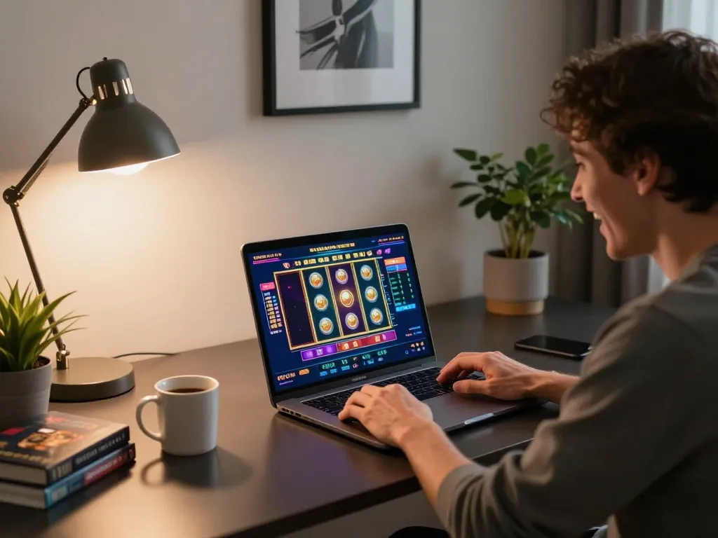 Situs 1k engaging gameplay session on a stylish home desk, showcasing online casino excitement.