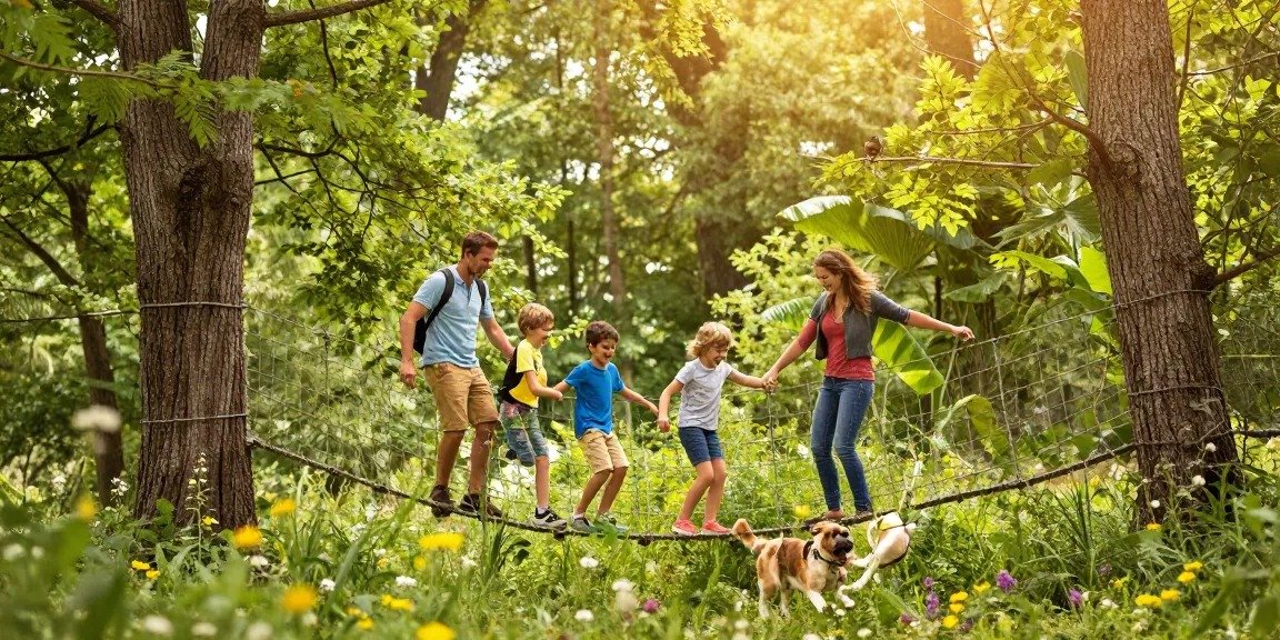 Rope Bridge design featuring a family crossing a scenic tree-top bridge in a forest.