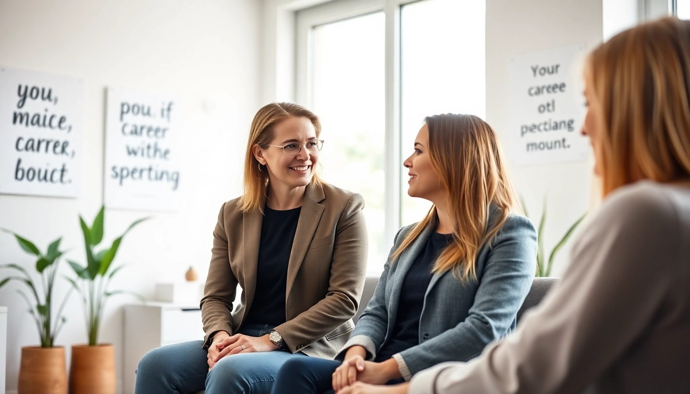 Engaging career coaching session with a professional coach assisting a client in a bright office.