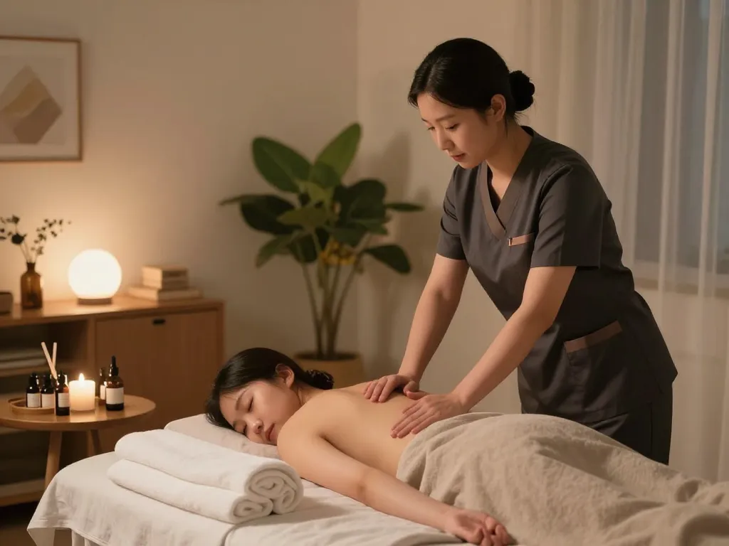 Rejuvenating 부천 출장마사지 setting with professional therapist preparing a cozy home atmosphere.