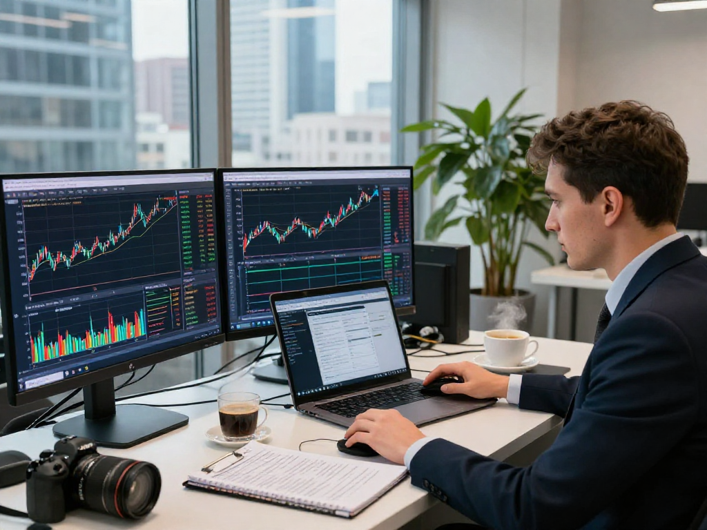 Trader using metatrader 5 on multiple screens in a modern finance office.
