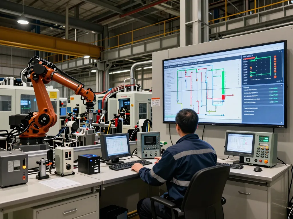 Technician using Bosch Rexroth automation systems in a high-tech industrial control room.