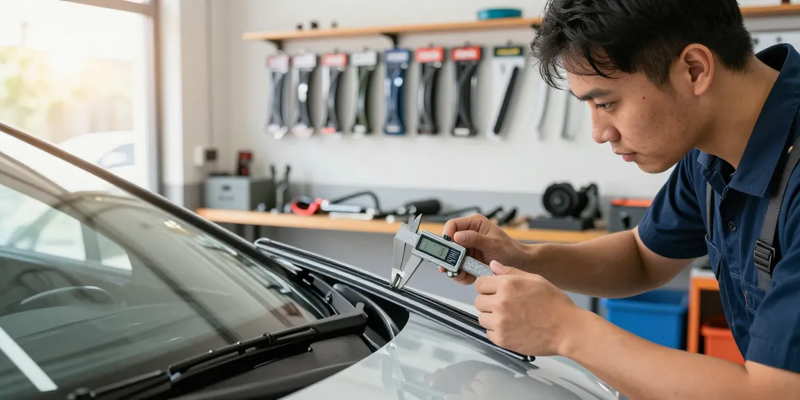 Mechanic examining hybrid wiper blade fit in automotive workshop, ensuring safety and performance.