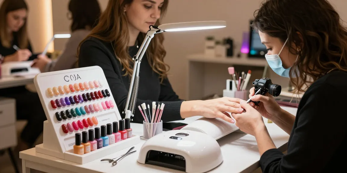 Aplicarea ojei semipermanente profesionale într-un salon de înfrumusețare modern, evidențiind talentul artistic în manichiură.