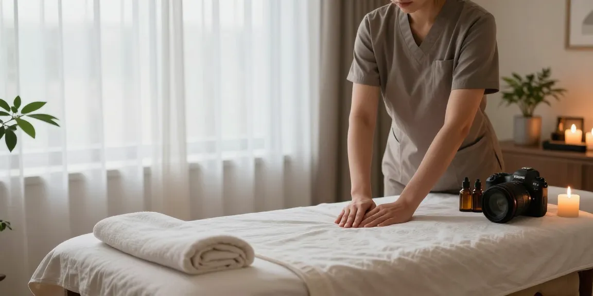 마사지 치료실에서 아로마 오일과 부드러운 리넨을 준비하는 모습
