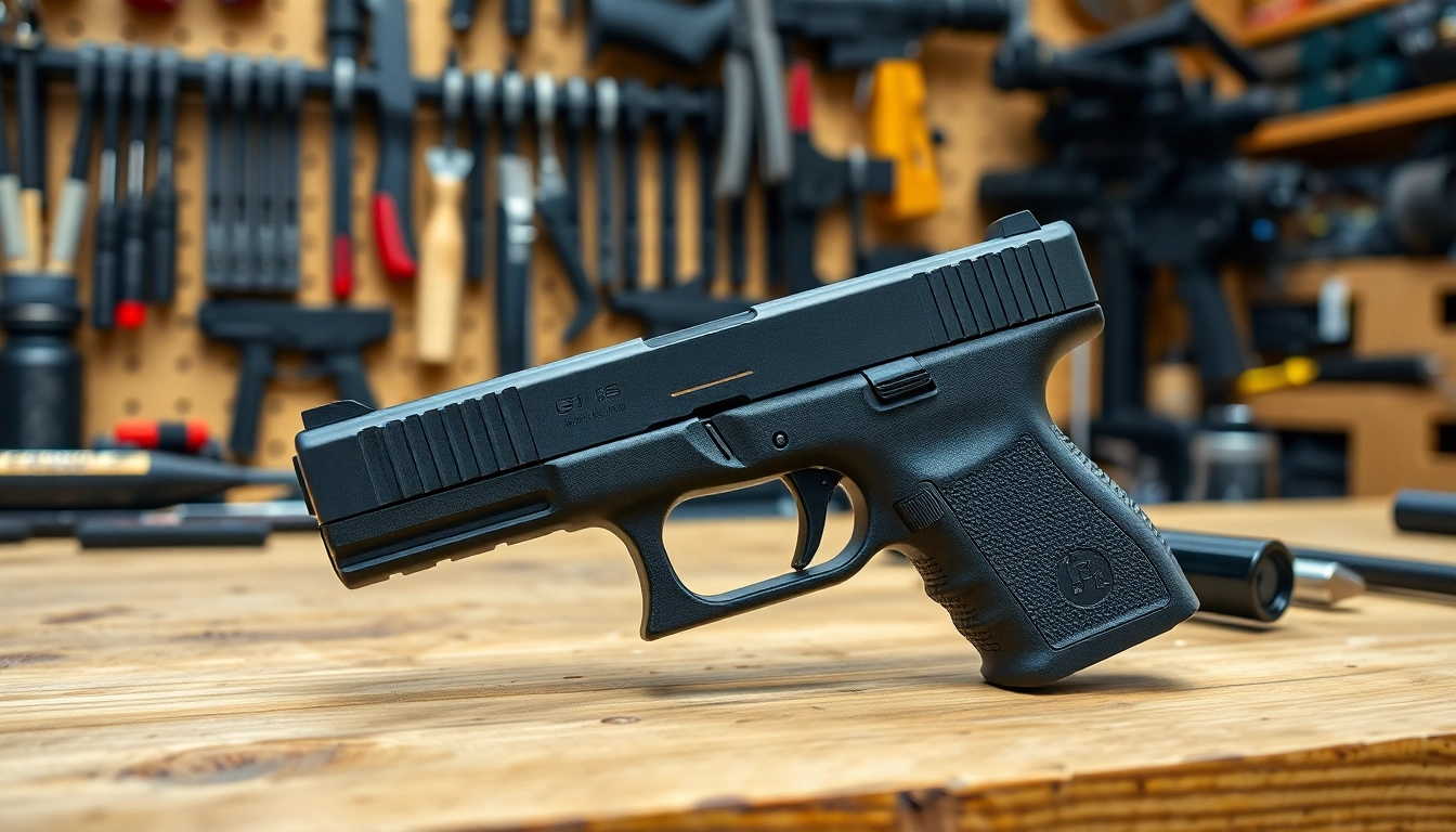 Buy Glock 17 MOS slide highlighting its unique features in a detailed workshop setup.