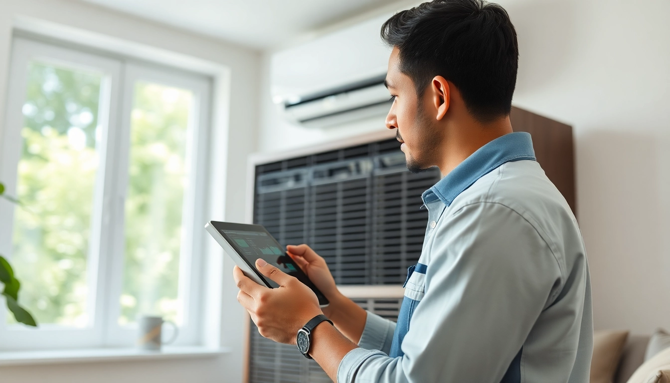 HVAC Repair Tampa service highlighting a technician diagnosing an air conditioning unit in a bright living space.