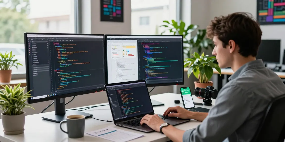 Developer coding in a modern office with multiple screens, showcasing WhatsApp下載 notifications and productivity tools in a vibrant workspace.
