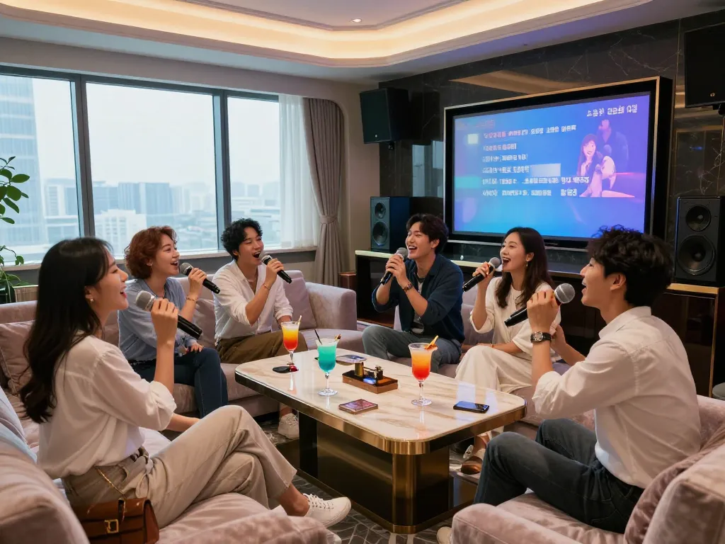 모던한 인테리어와 활기찬 분위기 속에서 강남퍼펙트 노래방에서 즐거운 밤을 보내는 친구들 그룹.