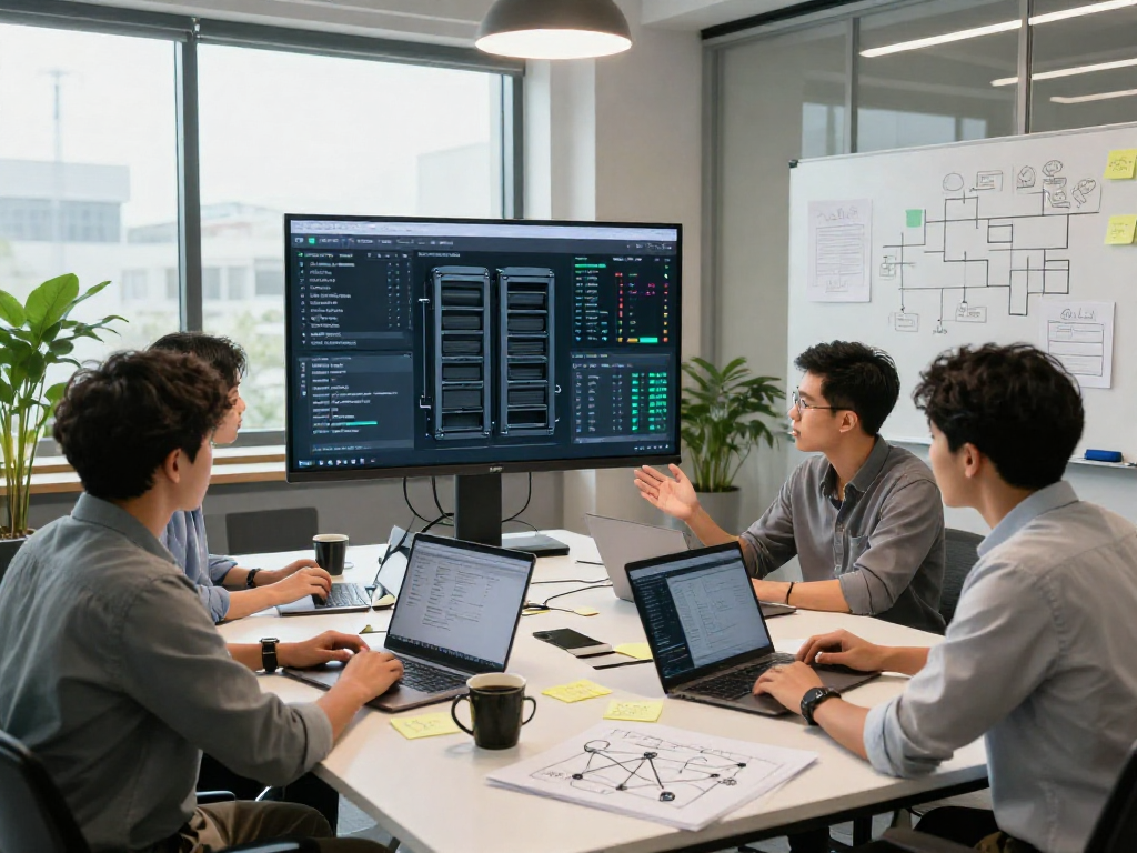 IT professionals collaborating on dedicated servers strategy with performance analytics displayed on digital screens.